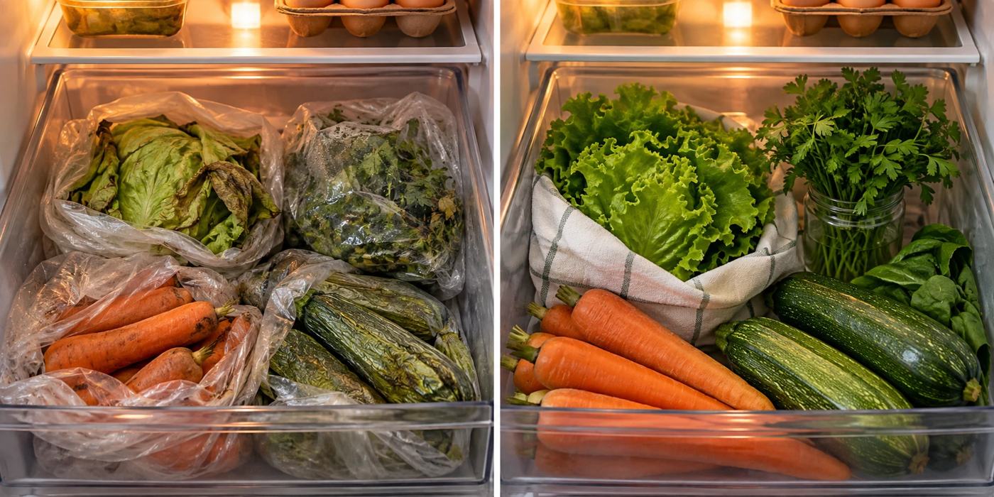 Gaveta de geladeira: à esquerda legumes murchos em sacos, à direita legumes frescos e organizados